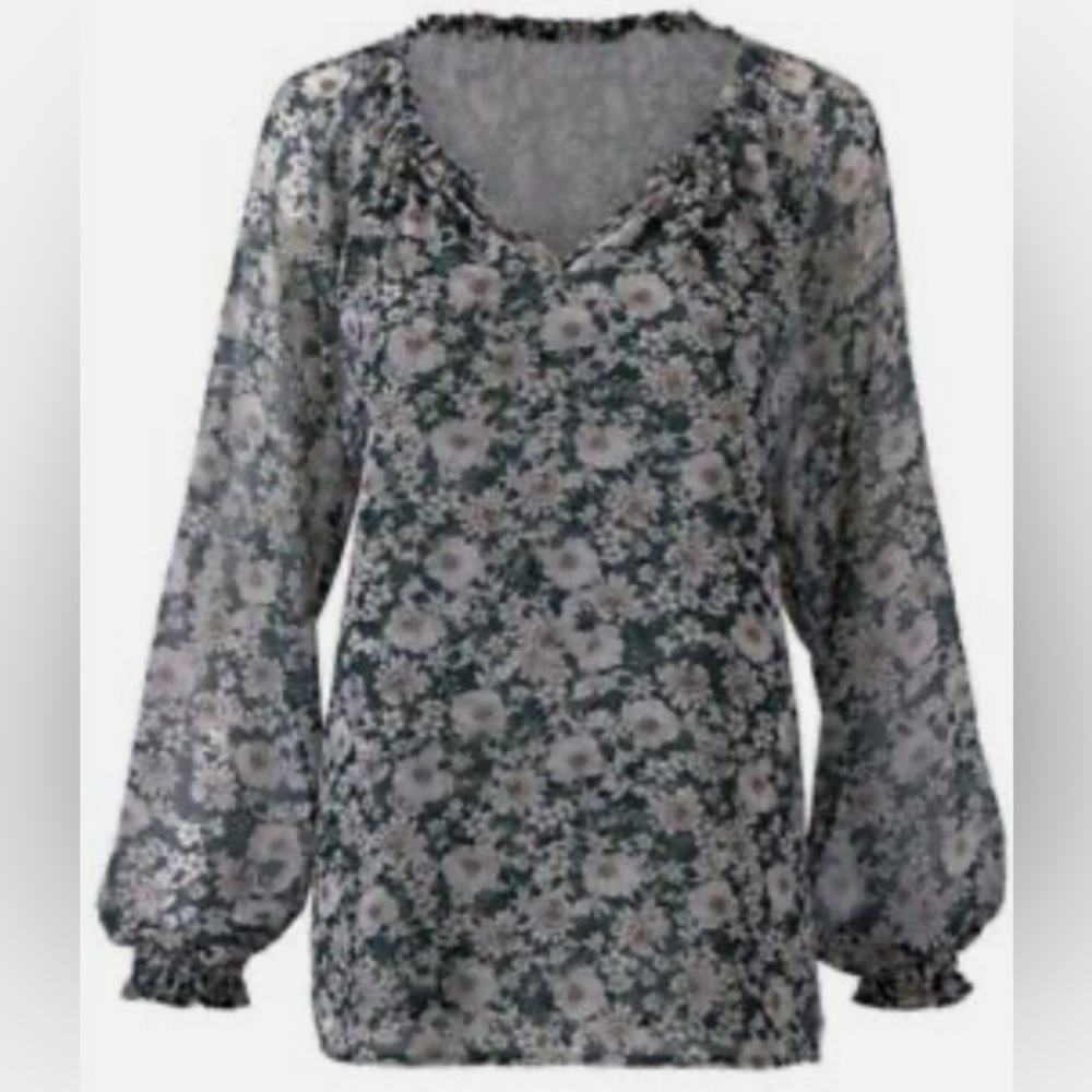 CAbi Peasant Blouse Boho Green and Beige Floral Top Style 3765 Size Medium